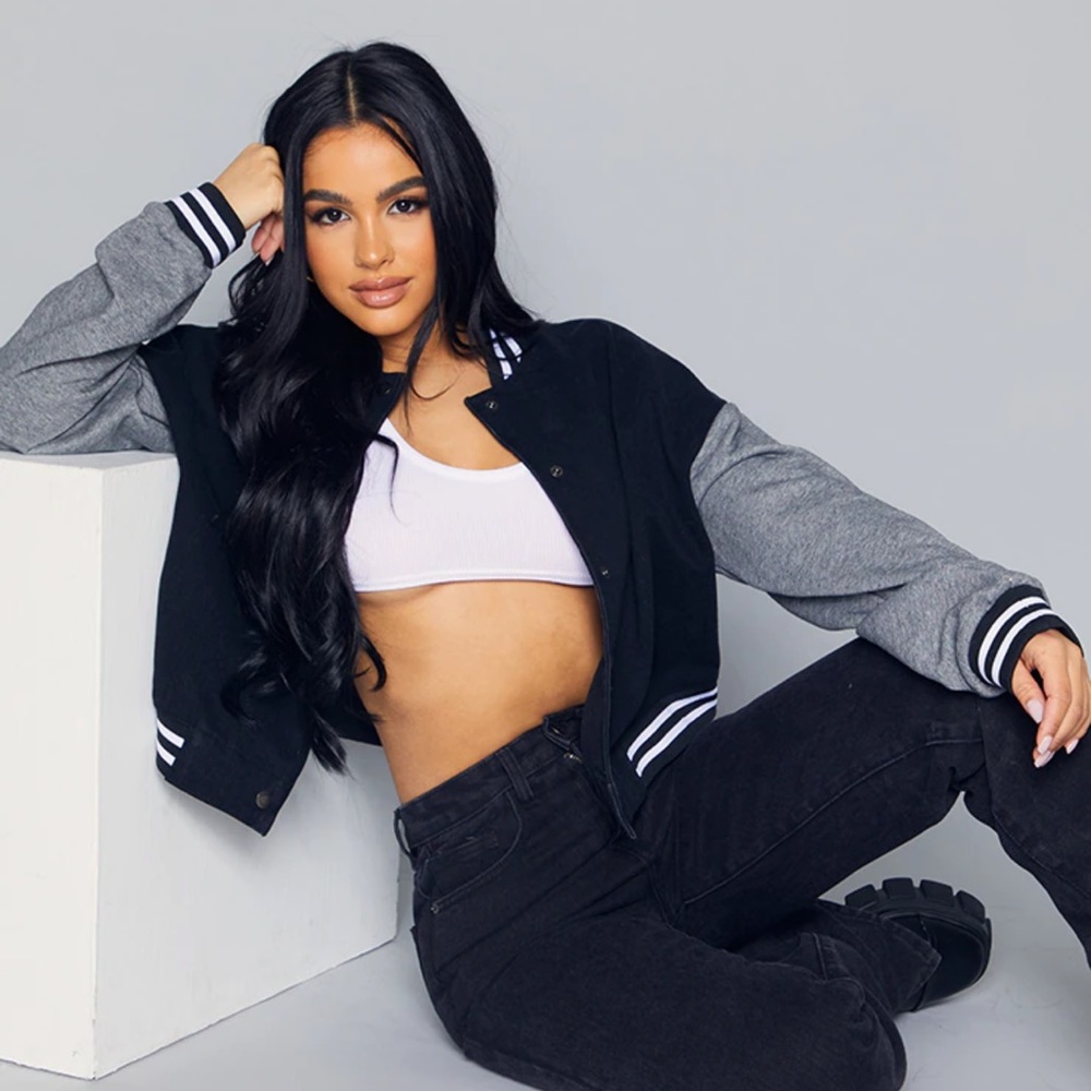 Petite Black Denim Contrast Varsity Jacket